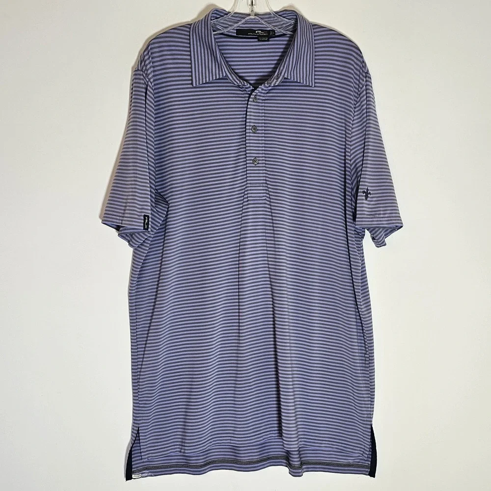 RLX Ralph Lauren Polo Shirt Mens Large Purple Gray Striped Fleur De Lis Golf GUC